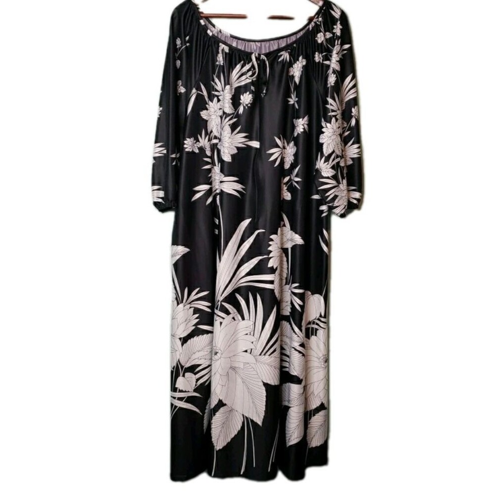 Vtg Kaftan Caftan House Dress MuMu Tiger Lily Black White Floral Oversized Loose